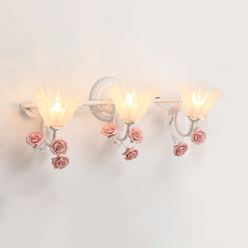 Ruffle Bathroom Wall Mount Light American Flower Frosted Glass 2/3-Head Pink/Blue Vanity Sconce Clearhalo 'Vanity Lights' 'Wall Lights' Lighting' 863075
