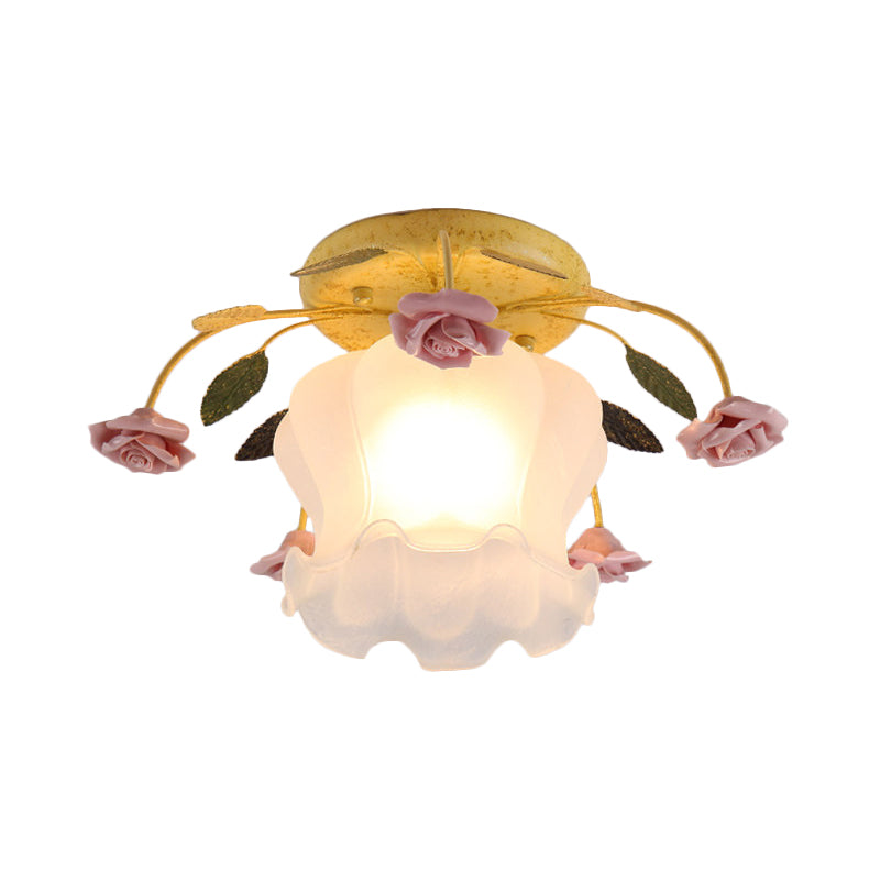 Flowerbud Cream Matte Glass Semi Flush Pastoral 1 Bulb Corridor Ceiling Mount Light in Yellow-Pink/White-Pink Clearhalo 'Ceiling Lights' 'Close To Ceiling Lights' 'Close to ceiling' 'Glass shade' 'Glass' 'Semi-flushmount' Lighting' 863082