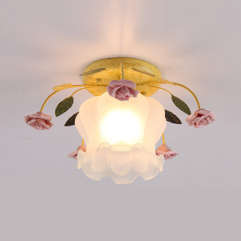 Flowerbud Cream Matte Glass Semi Flush Pastoral 1 Bulb Corridor Ceiling Mount Light in Yellow-Pink/White-Pink Clearhalo 'Ceiling Lights' 'Close To Ceiling Lights' 'Close to ceiling' 'Glass shade' 'Glass' 'Semi-flushmount' Lighting' 863083