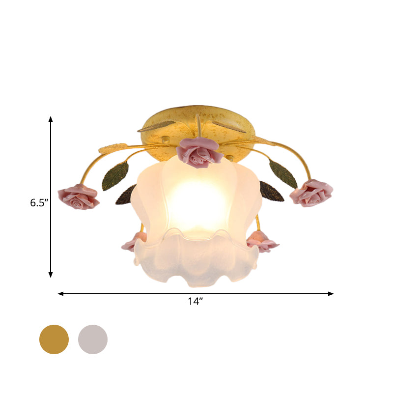 Flowerbud Cream Matte Glass Semi Flush Pastoral 1 Bulb Corridor Ceiling Mount Light in Yellow-Pink/White-Pink Clearhalo 'Ceiling Lights' 'Close To Ceiling Lights' 'Close to ceiling' 'Glass shade' 'Glass' 'Semi-flushmount' Lighting' 863084