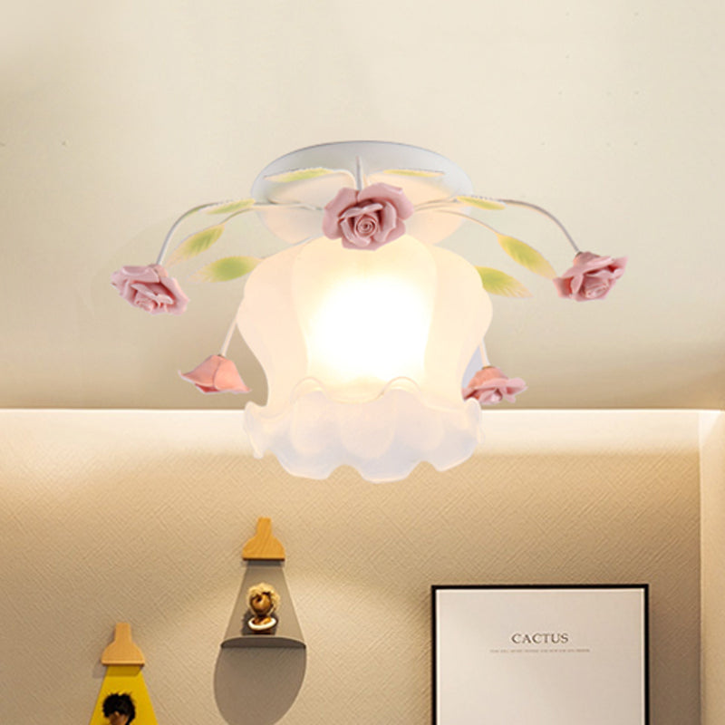 Flowerbud Cream Matte Glass Semi Flush Pastoral 1 Bulb Corridor Ceiling Mount Light in Yellow-Pink/White-Pink Clearhalo 'Ceiling Lights' 'Close To Ceiling Lights' 'Close to ceiling' 'Glass shade' 'Glass' 'Semi-flushmount' Lighting' 863086