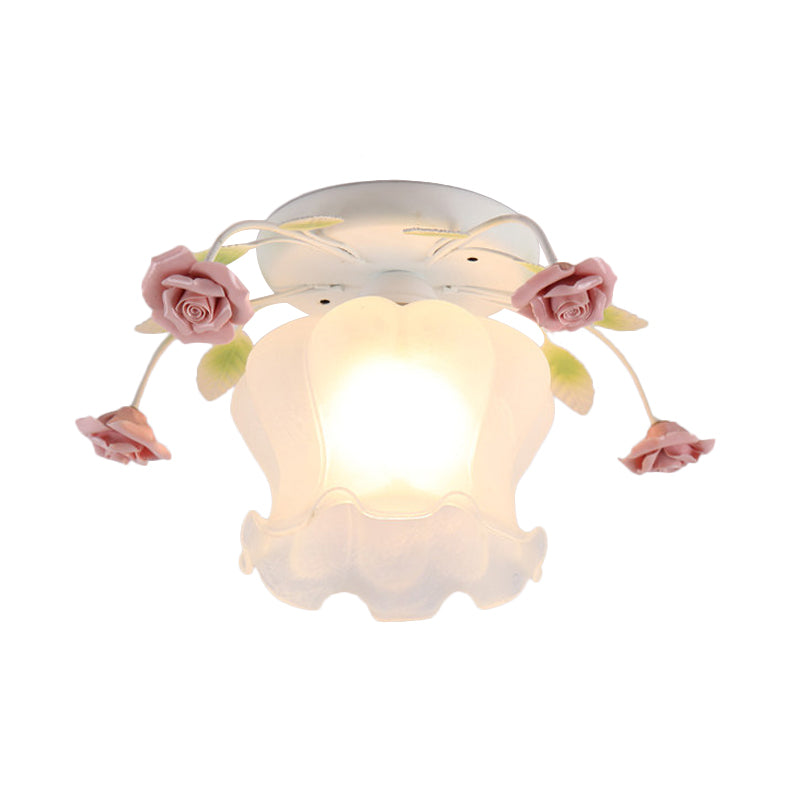 Flowerbud Cream Matte Glass Semi Flush Pastoral 1 Bulb Corridor Ceiling Mount Light in Yellow-Pink/White-Pink Clearhalo 'Ceiling Lights' 'Close To Ceiling Lights' 'Close to ceiling' 'Glass shade' 'Glass' 'Semi-flushmount' Lighting' 863087