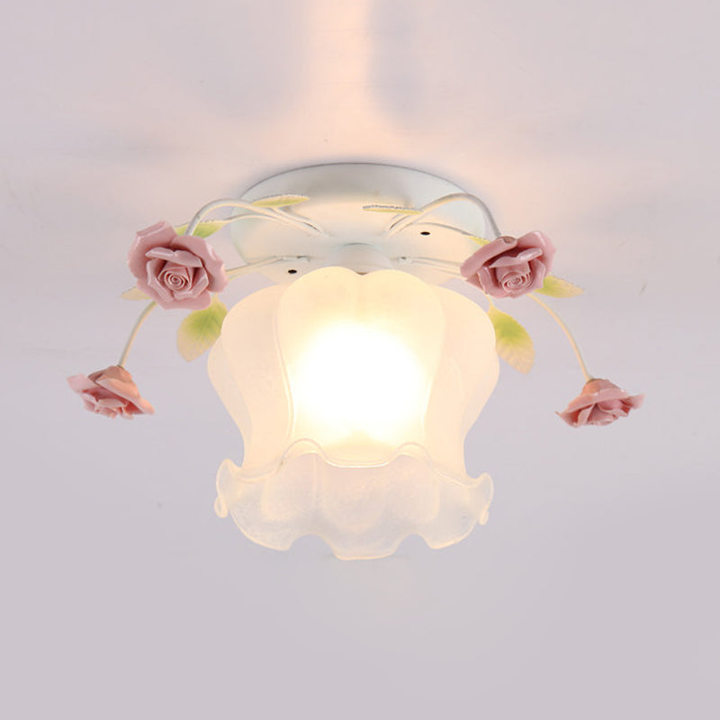 Flowerbud Cream Matte Glass Semi Flush Pastoral 1 Bulb Corridor Ceiling Mount Light in Yellow-Pink/White-Pink Clearhalo 'Ceiling Lights' 'Close To Ceiling Lights' 'Close to ceiling' 'Glass shade' 'Glass' 'Semi-flushmount' Lighting' 863088