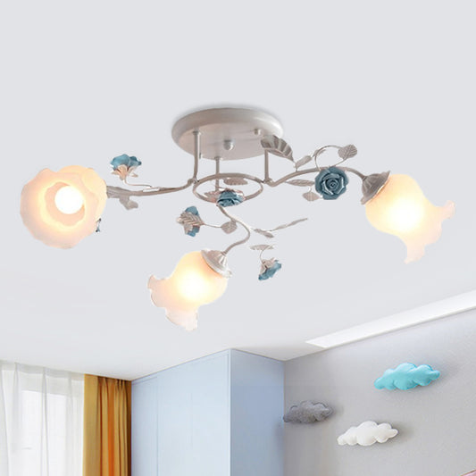 Frosted Glass Bud Semi Flush Chandelier Countryside 3/5/9-Bulb Dining Room Ceiling Mount Lamp in Pink/Blue/Blue-White 3 Blue Clearhalo 'Ceiling Lights' 'Close To Ceiling Lights' 'Close to ceiling' 'Glass shade' 'Glass' 'Semi-flushmount' Lighting' 863159