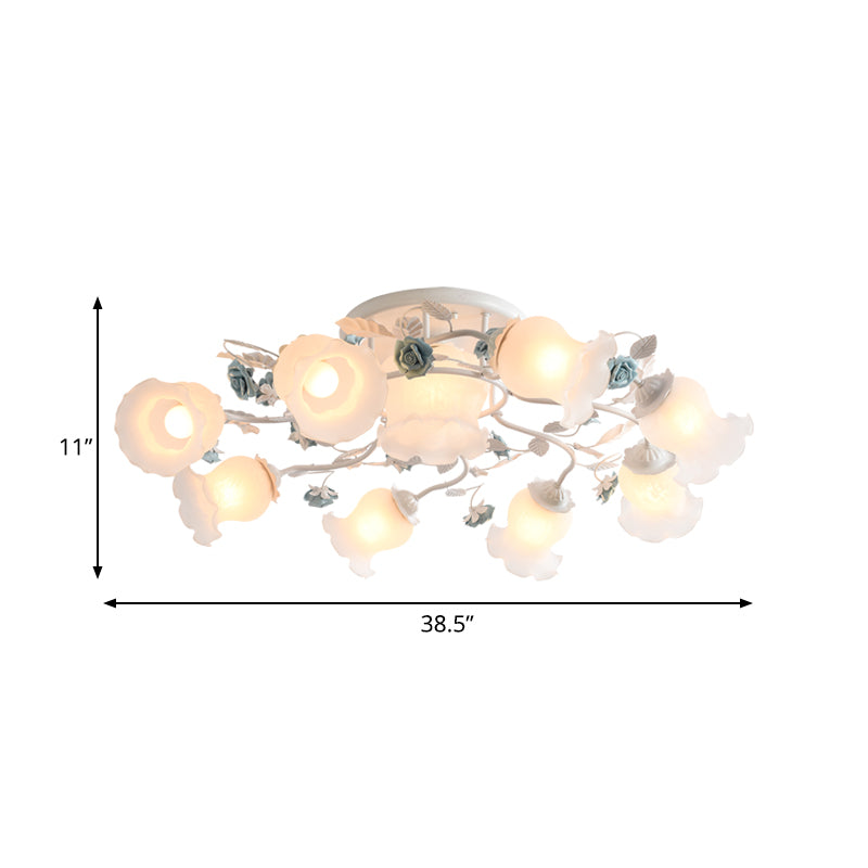 Frosted Glass Bud Semi Flush Chandelier Countryside 3/5/9-Bulb Dining Room Ceiling Mount Lamp in Pink/Blue/Blue-White Clearhalo 'Ceiling Lights' 'Close To Ceiling Lights' 'Close to ceiling' 'Glass shade' 'Glass' 'Semi-flushmount' Lighting' 863172