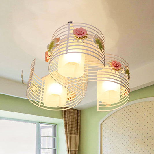 3-Light Close to Ceiling Lamp Korean Flower Swirled Iron Semi Flush Light Fixture with Inner Matte Glass Shade White Clearhalo 'Ceiling Lights' 'Close To Ceiling Lights' 'Close to ceiling' 'Glass shade' 'Glass' 'Semi-flushmount' Lighting' 863182