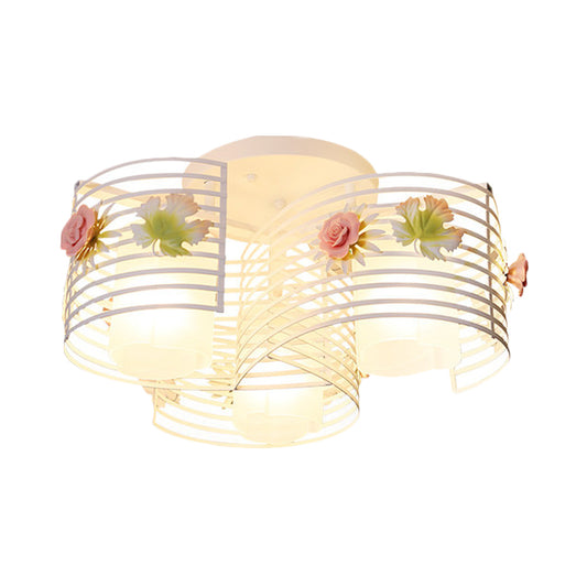 3-Light Close to Ceiling Lamp Korean Flower Swirled Iron Semi Flush Light Fixture with Inner Matte Glass Shade Clearhalo 'Ceiling Lights' 'Close To Ceiling Lights' 'Close to ceiling' 'Glass shade' 'Glass' 'Semi-flushmount' Lighting' 863183
