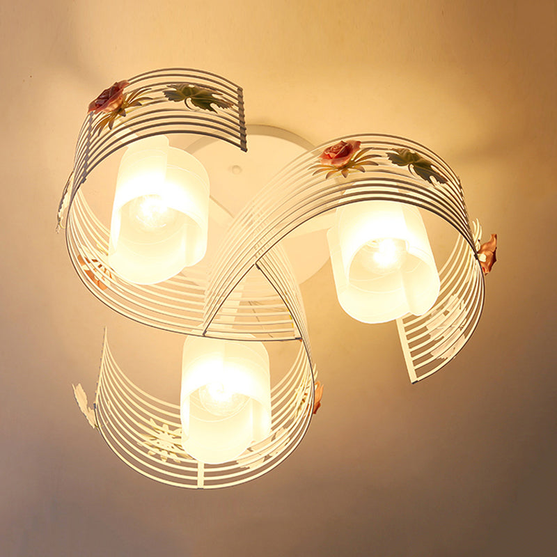3-Light Close to Ceiling Lamp Korean Flower Swirled Iron Semi Flush Light Fixture with Inner Matte Glass Shade Clearhalo 'Ceiling Lights' 'Close To Ceiling Lights' 'Close to ceiling' 'Glass shade' 'Glass' 'Semi-flushmount' Lighting' 863184