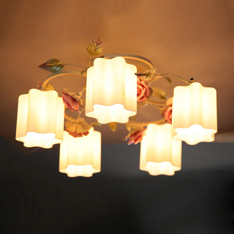 3/5-Head Floral Ceiling Flush Romantic Pastoral White/Yellow Frosted Glass Semi Flush Mount Chandelier 5 Yellow Clearhalo 'Ceiling Lights' 'Close To Ceiling Lights' 'Close to ceiling' 'Glass shade' 'Glass' 'Semi-flushmount' Lighting' 863191