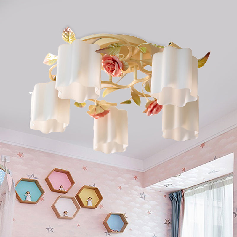 3/5-Head Floral Ceiling Flush Romantic Pastoral White/Yellow Frosted Glass Semi Flush Mount Chandelier Clearhalo 'Ceiling Lights' 'Close To Ceiling Lights' 'Close to ceiling' 'Glass shade' 'Glass' 'Semi-flushmount' Lighting' 863192