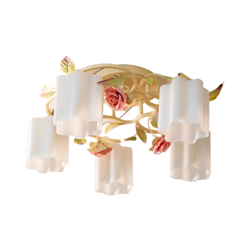 3/5-Head Floral Ceiling Flush Romantic Pastoral White/Yellow Frosted Glass Semi Flush Mount Chandelier Clearhalo 'Ceiling Lights' 'Close To Ceiling Lights' 'Close to ceiling' 'Glass shade' 'Glass' 'Semi-flushmount' Lighting' 863193