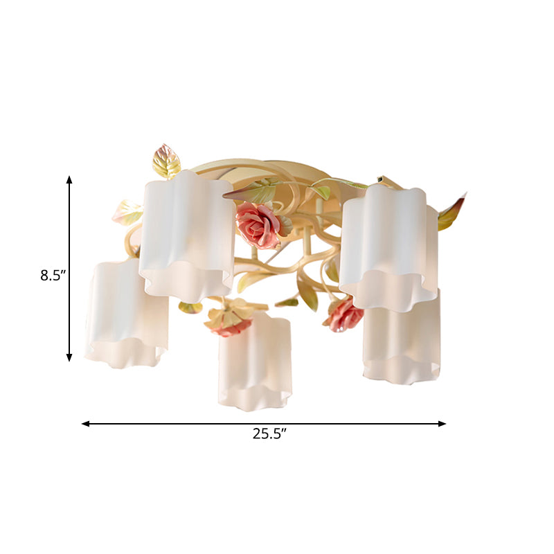 3/5-Head Floral Ceiling Flush Romantic Pastoral White/Yellow Frosted Glass Semi Flush Mount Chandelier Clearhalo 'Ceiling Lights' 'Close To Ceiling Lights' 'Close to ceiling' 'Glass shade' 'Glass' 'Semi-flushmount' Lighting' 863194