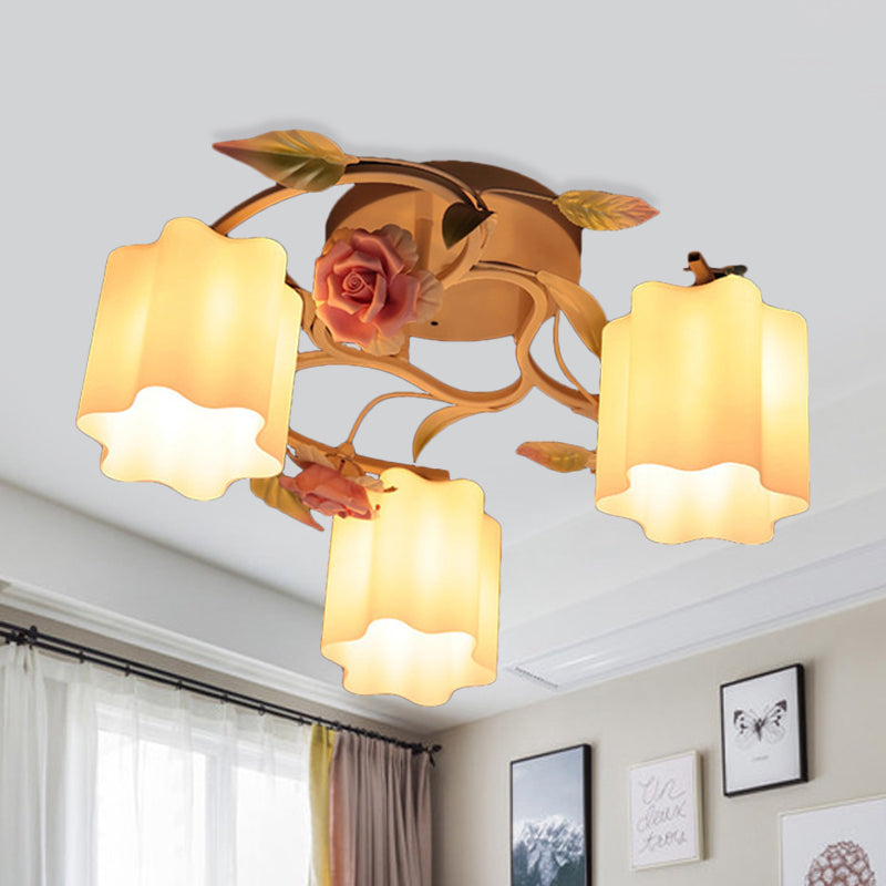 3/5-Head Floral Ceiling Flush Romantic Pastoral White/Yellow Frosted Glass Semi Flush Mount Chandelier 3 Yellow Clearhalo 'Ceiling Lights' 'Close To Ceiling Lights' 'Close to ceiling' 'Glass shade' 'Glass' 'Semi-flushmount' Lighting' 863195