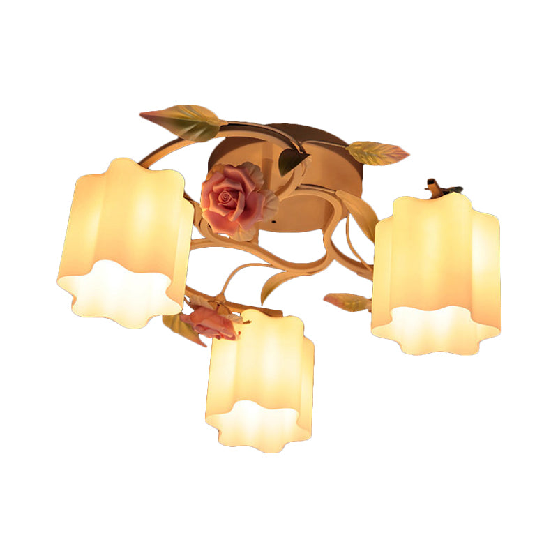 3/5-Head Floral Ceiling Flush Romantic Pastoral White/Yellow Frosted Glass Semi Flush Mount Chandelier Clearhalo 'Ceiling Lights' 'Close To Ceiling Lights' 'Close to ceiling' 'Glass shade' 'Glass' 'Semi-flushmount' Lighting' 863197
