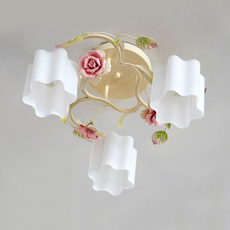 3/5-Head Floral Ceiling Flush Romantic Pastoral White/Yellow Frosted Glass Semi Flush Mount Chandelier Clearhalo 'Ceiling Lights' 'Close To Ceiling Lights' 'Close to ceiling' 'Glass shade' 'Glass' 'Semi-flushmount' Lighting' 863198