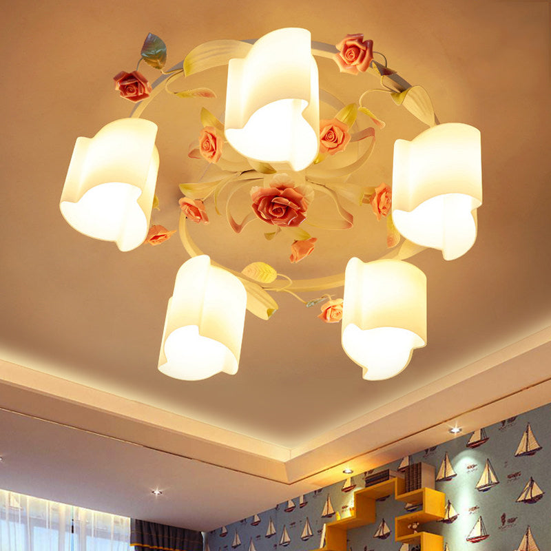 3/5-Head Floral Ceiling Flush Romantic Pastoral White/Yellow Frosted Glass Semi Flush Mount Chandelier 5 White Clearhalo 'Ceiling Lights' 'Close To Ceiling Lights' 'Close to ceiling' 'Glass shade' 'Glass' 'Semi-flushmount' Lighting' 863200