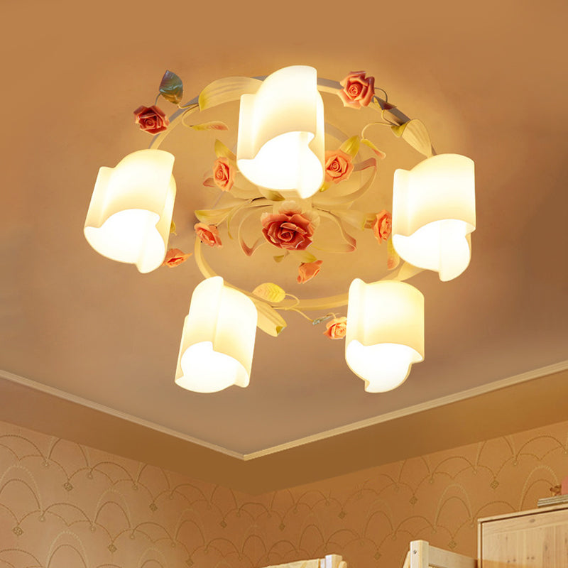 3/5-Head Floral Ceiling Flush Romantic Pastoral White/Yellow Frosted Glass Semi Flush Mount Chandelier Clearhalo 'Ceiling Lights' 'Close To Ceiling Lights' 'Close to ceiling' 'Glass shade' 'Glass' 'Semi-flushmount' Lighting' 863201