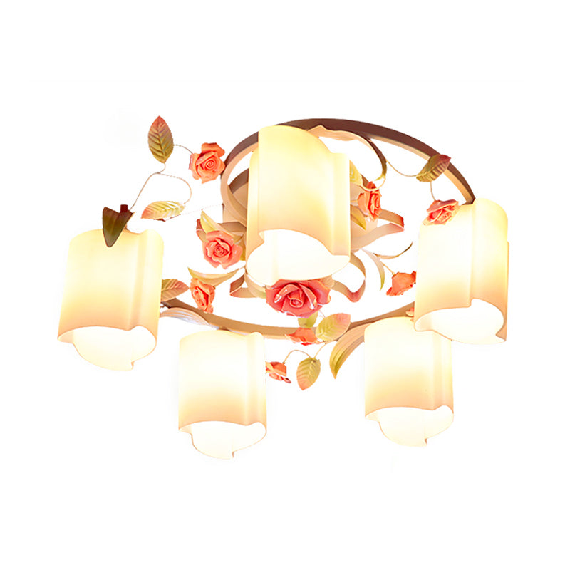 3/5-Head Floral Ceiling Flush Romantic Pastoral White/Yellow Frosted Glass Semi Flush Mount Chandelier Clearhalo 'Ceiling Lights' 'Close To Ceiling Lights' 'Close to ceiling' 'Glass shade' 'Glass' 'Semi-flushmount' Lighting' 863202