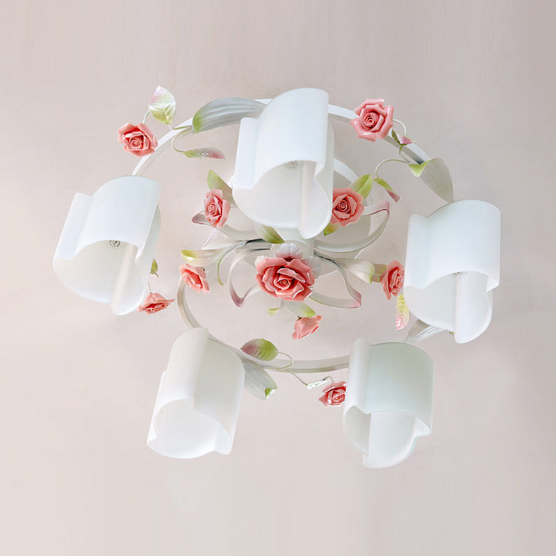 3/5-Head Floral Ceiling Flush Romantic Pastoral White/Yellow Frosted Glass Semi Flush Mount Chandelier Clearhalo 'Ceiling Lights' 'Close To Ceiling Lights' 'Close to ceiling' 'Glass shade' 'Glass' 'Semi-flushmount' Lighting' 863203