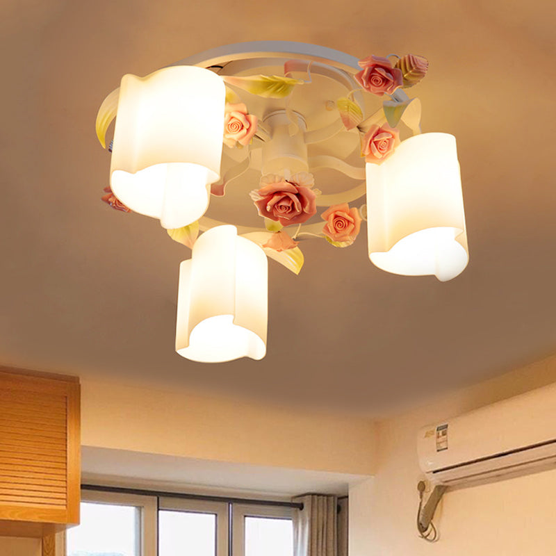 3/5-Head Floral Ceiling Flush Romantic Pastoral White/Yellow Frosted Glass Semi Flush Mount Chandelier 3 White Clearhalo 'Ceiling Lights' 'Close To Ceiling Lights' 'Close to ceiling' 'Glass shade' 'Glass' 'Semi-flushmount' Lighting' 863205