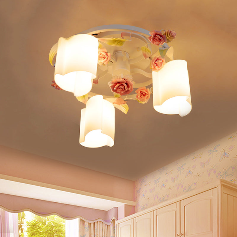 3/5-Head Floral Ceiling Flush Romantic Pastoral White/Yellow Frosted Glass Semi Flush Mount Chandelier Clearhalo 'Ceiling Lights' 'Close To Ceiling Lights' 'Close to ceiling' 'Glass shade' 'Glass' 'Semi-flushmount' Lighting' 863206