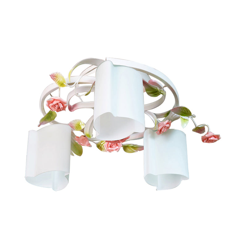 3/5-Head Floral Ceiling Flush Romantic Pastoral White/Yellow Frosted Glass Semi Flush Mount Chandelier Clearhalo 'Ceiling Lights' 'Close To Ceiling Lights' 'Close to ceiling' 'Glass shade' 'Glass' 'Semi-flushmount' Lighting' 863207