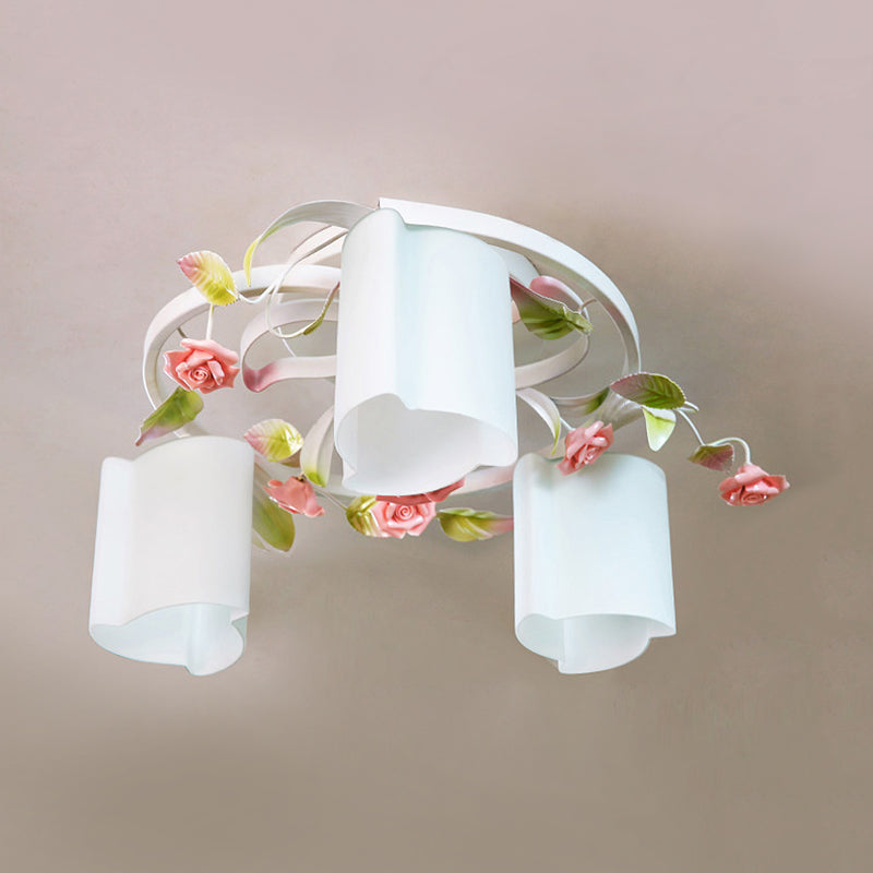 3/5-Head Floral Ceiling Flush Romantic Pastoral White/Yellow Frosted Glass Semi Flush Mount Chandelier Clearhalo 'Ceiling Lights' 'Close To Ceiling Lights' 'Close to ceiling' 'Glass shade' 'Glass' 'Semi-flushmount' Lighting' 863208