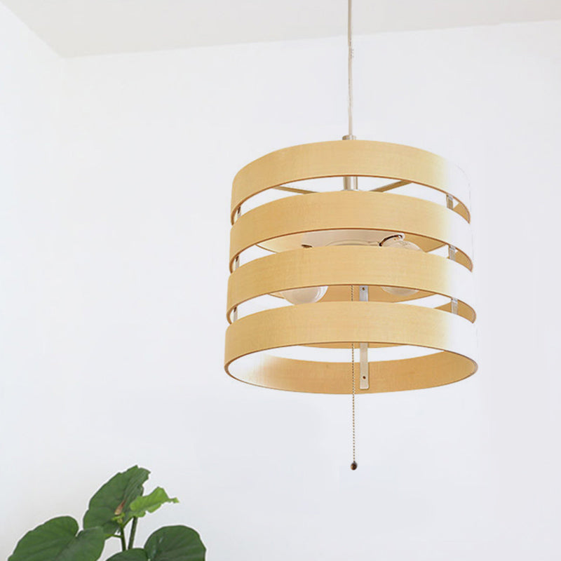 Beige Cylinder Frame Hanging Chandelier Modernism 2 Bulbs Wood Pendant with Pull Chain Beige Clearhalo 'Carpenter Chandeliers' 'Ceiling Lights' 'Chandeliers' 'Industrial' 'Modern Chandeliers' 'Modern' Lighting' 863269