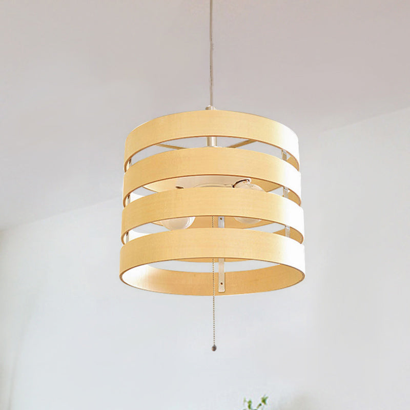 Beige Cylinder Frame Hanging Chandelier Modernism 2 Bulbs Wood Pendant with Pull Chain Clearhalo 'Carpenter Chandeliers' 'Ceiling Lights' 'Chandeliers' 'Industrial' 'Modern Chandeliers' 'Modern' Lighting' 863270