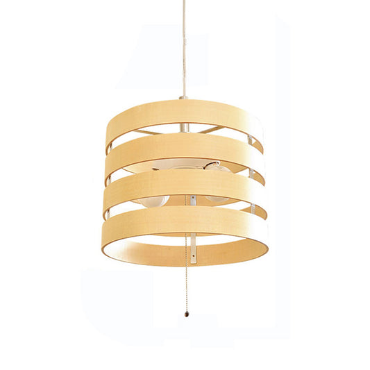 Beige Cylinder Frame Hanging Chandelier Modernism 2 Bulbs Wood Pendant with Pull Chain Clearhalo 'Carpenter Chandeliers' 'Ceiling Lights' 'Chandeliers' 'Industrial' 'Modern Chandeliers' 'Modern' Lighting' 863271
