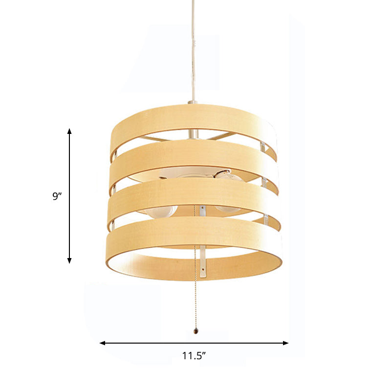 Beige Cylinder Frame Hanging Chandelier Modernism 2 Bulbs Wood Pendant with Pull Chain Clearhalo 'Carpenter Chandeliers' 'Ceiling Lights' 'Chandeliers' 'Industrial' 'Modern Chandeliers' 'Modern' Lighting' 863272
