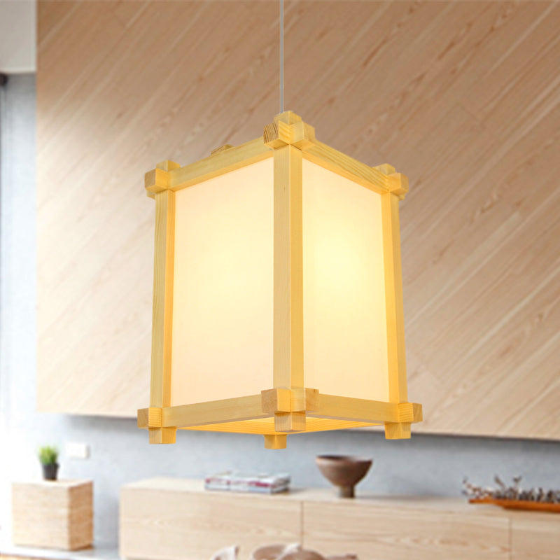 Box Shape Pendant Light Fixture Japanese-Style Wood 1 Bulb Restaurant Hanging Lamp in Beige Beige Clearhalo 'Ceiling Lights' 'Modern Pendants' 'Modern' 'Pendant Lights' 'Pendants' Lighting' 863285