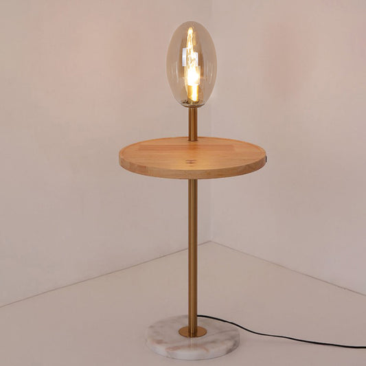 Cognac/White Glass Egg Shape Floor Lighting Modernist 1 Light Standing Floor Lamp with Wood Storage Board Cognac Clearhalo 'Floor Lamps' 'Lamps' Lighting' 863301