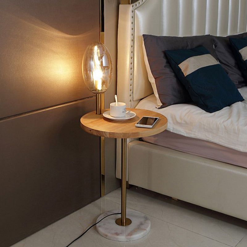 Cognac/White Glass Egg Shape Floor Lighting Modernist 1 Light Standing Floor Lamp with Wood Storage Board Clearhalo 'Floor Lamps' 'Lamps' Lighting' 863302