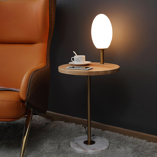 Cognac/White Glass Egg Shape Floor Lighting Modernist 1 Light Standing Floor Lamp with Wood Storage Board White Clearhalo 'Floor Lamps' 'Lamps' Lighting' 863305