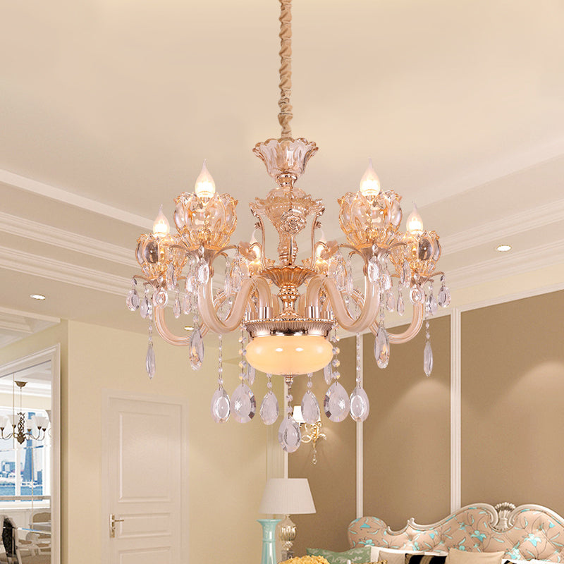 Gold Candle Chandelier Lamp Modern Amber Glass 6/8 Bulbs Living Room Pendant with Crystal Drop 6 Gold Clearhalo 'Ceiling Lights' 'Chandeliers' 'Modern Chandeliers' 'Modern' Lighting' 863355