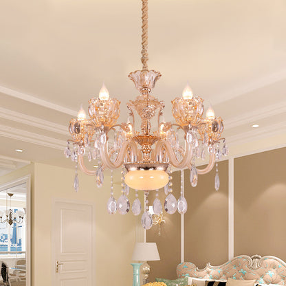 Gold Candle Chandelier Lamp Modern Amber Glass 6/8 Bulbs Living Room Pendant with Crystal Drop 6 Gold Clearhalo 'Ceiling Lights' 'Chandeliers' 'Modern Chandeliers' 'Modern' Lighting' 863355