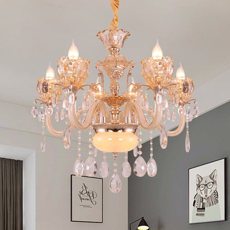 Gold Candle Chandelier Lamp Modern Amber Glass 6/8 Bulbs Living Room Pendant with Crystal Drop Clearhalo 'Ceiling Lights' 'Chandeliers' 'Modern Chandeliers' 'Modern' Lighting' 863356