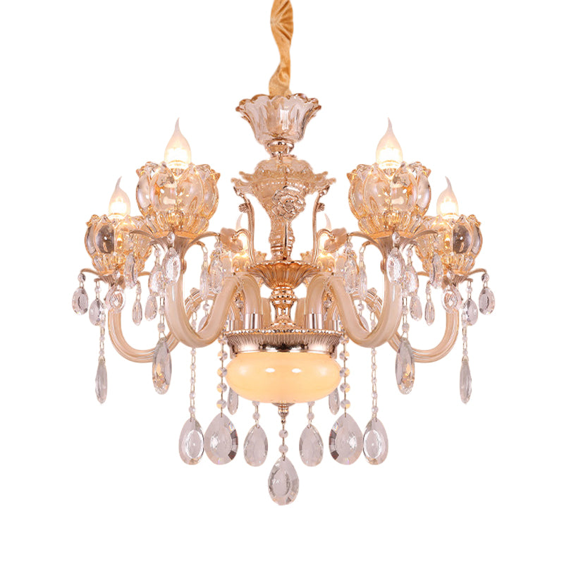 Gold Candle Chandelier Lamp Modern Amber Glass 6/8 Bulbs Living Room Pendant with Crystal Drop Clearhalo 'Ceiling Lights' 'Chandeliers' 'Modern Chandeliers' 'Modern' Lighting' 863357