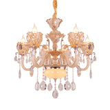Gold Candle Chandelier Lamp Modern Amber Glass 6/8 Bulbs Living Room Pendant with Crystal Drop Clearhalo 'Ceiling Lights' 'Chandeliers' 'Modern Chandeliers' 'Modern' Lighting' 863357