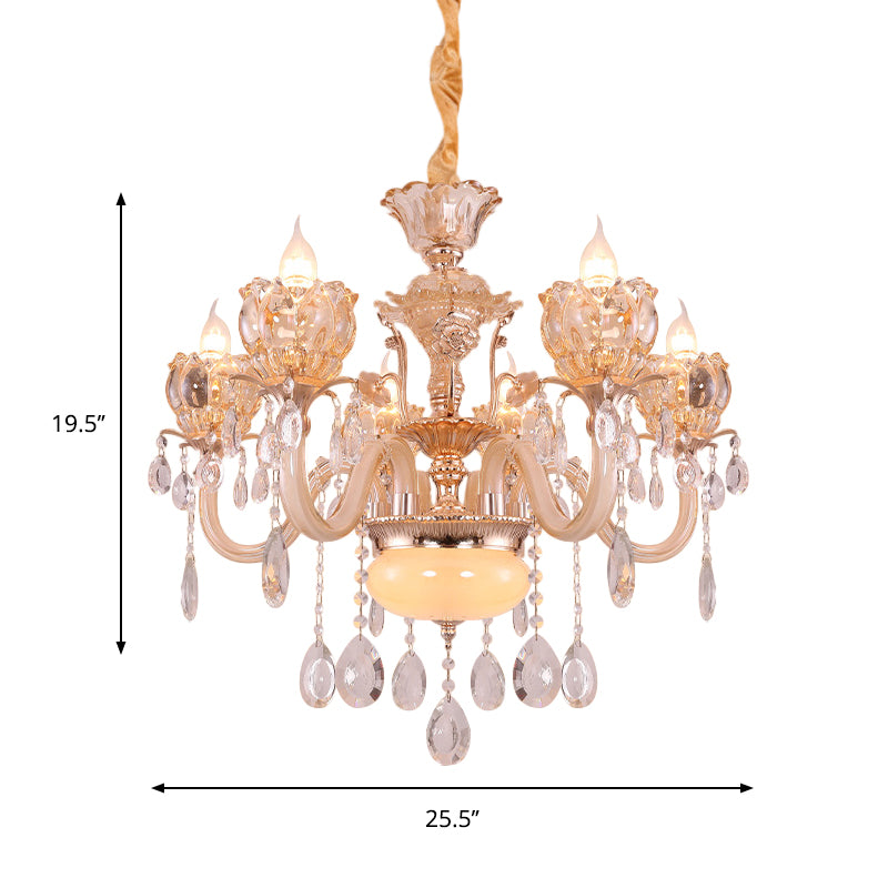 Gold Candle Chandelier Lamp Modern Amber Glass 6/8 Bulbs Living Room Pendant with Crystal Drop Clearhalo 'Ceiling Lights' 'Chandeliers' 'Modern Chandeliers' 'Modern' Lighting' 863358