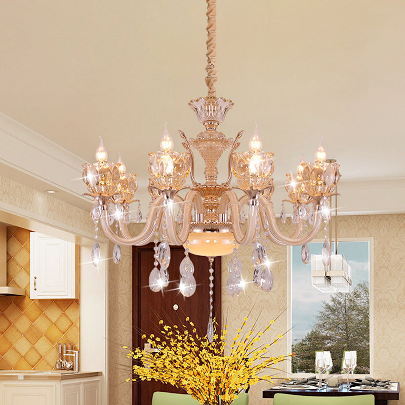 Gold Candle Chandelier Lamp Modern Amber Glass 6/8 Bulbs Living Room Pendant with Crystal Drop Clearhalo 'Ceiling Lights' 'Chandeliers' 'Modern Chandeliers' 'Modern' Lighting' 863360