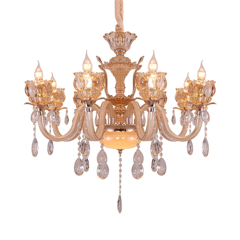 Gold Candle Chandelier Lamp Modern Amber Glass 6/8 Bulbs Living Room Pendant with Crystal Drop Clearhalo 'Ceiling Lights' 'Chandeliers' 'Modern Chandeliers' 'Modern' Lighting' 863361