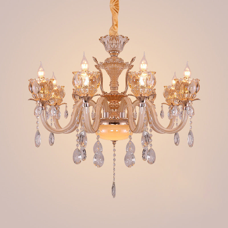 Gold Candle Chandelier Lamp Modern Amber Glass 6/8 Bulbs Living Room Pendant with Crystal Drop Clearhalo 'Ceiling Lights' 'Chandeliers' 'Modern Chandeliers' 'Modern' Lighting' 863362