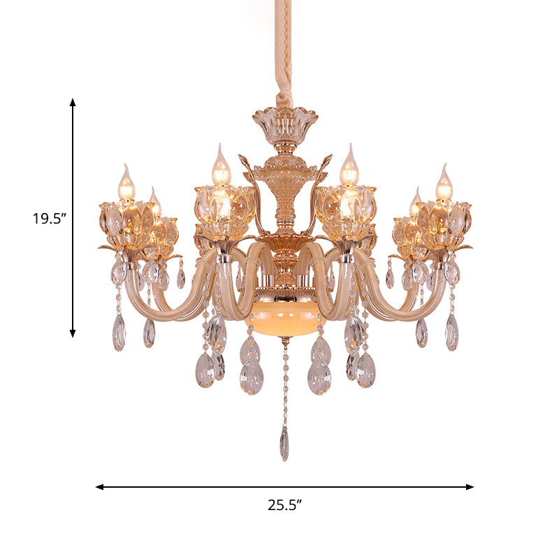Gold Candle Chandelier Lamp Modern Amber Glass 6/8 Bulbs Living Room Pendant with Crystal Drop Clearhalo 'Ceiling Lights' 'Chandeliers' 'Modern Chandeliers' 'Modern' Lighting' 863363