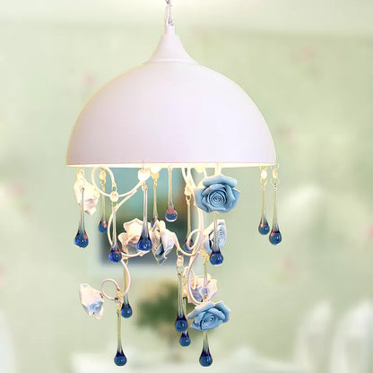 Dome Iron Pendant Chandelier Modern 3 Lights Living Room Drop Lamp in White with Rose and Crystal Accent White Clearhalo 'Ceiling Lights' 'Chandeliers' 'Modern Chandeliers' 'Modern' Lighting' 863381