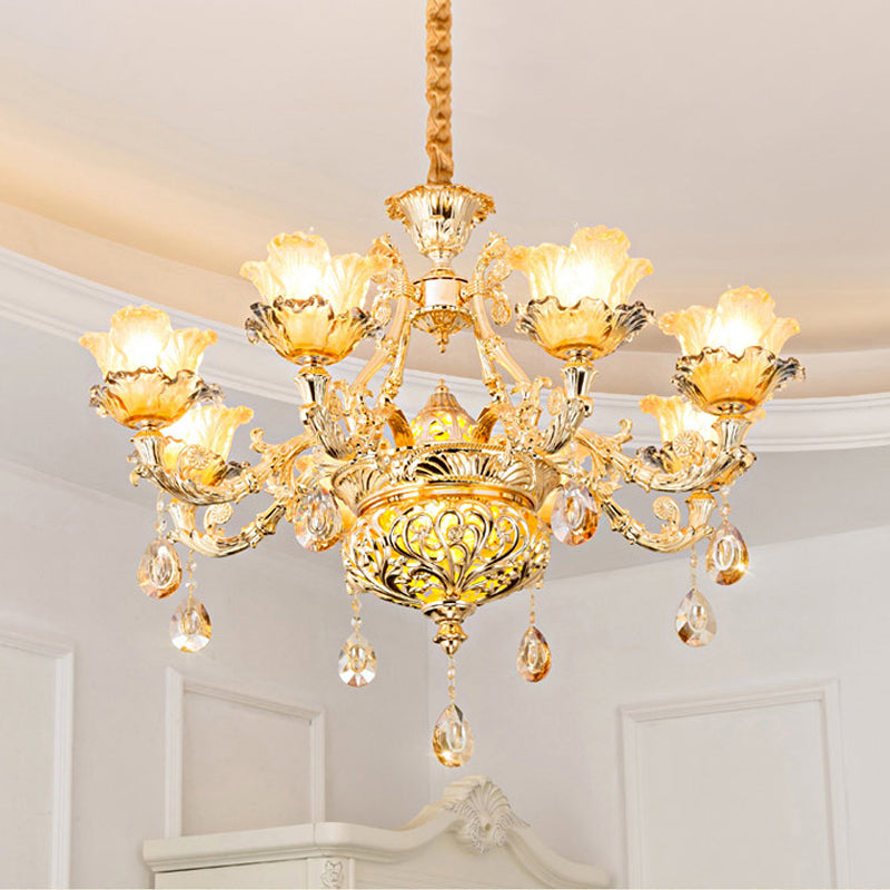 Luxury Flower Hanging Chandelier 6/8 Bulbs Amber Glass Ceiling Light in Gold with Crystal Draping Clearhalo 'Ceiling Lights' 'Chandeliers' Lighting' options 863385