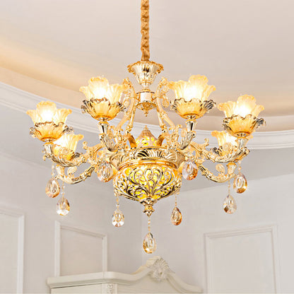 Luxury Flower Hanging Chandelier 6/8 Bulbs Amber Glass Ceiling Light in Gold with Crystal Draping 6 Gold Clearhalo 'Ceiling Lights' 'Chandeliers' Lighting' options 863385_5a3edb0b-f9fc-4bcd-ba26-afd95bb740fe