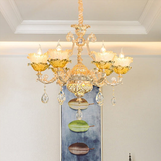 Luxury Flower Hanging Chandelier 6/8 Bulbs Amber Glass Ceiling Light in Gold with Crystal Draping Clearhalo 'Ceiling Lights' 'Chandeliers' Lighting' options 863386