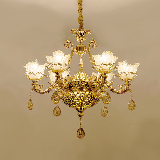 Luxury Flower Hanging Chandelier 6/8 Bulbs Amber Glass Ceiling Light in Gold with Crystal Draping Clearhalo 'Ceiling Lights' 'Chandeliers' Lighting' options 863387